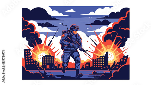 Modern vector illustration of soldier wearing protective gear and helmet, ideal for safety, preparedness, and defense readiness concepts