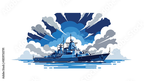 Modern vector illustration of naval warship sailing at sea, ideal for maritime security, defense fleet, and naval operations concepts