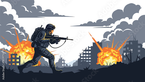 Modern vector illustration of soldier wearing protective gear and helmet, ideal for safety, preparedness, and defense readiness concepts