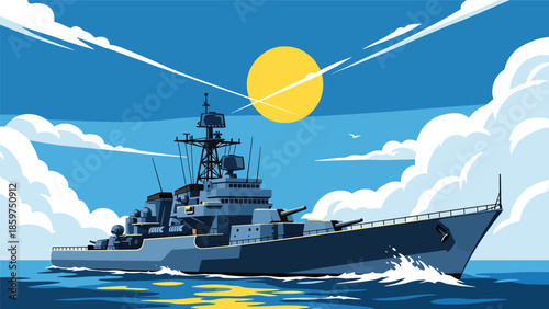Modern vector illustration of naval warship sailing at sea, ideal for maritime security, defense fleet, and naval operations concepts