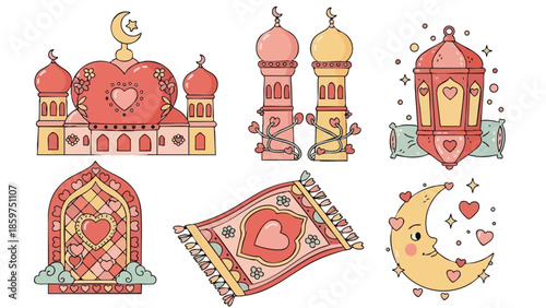 Islamic themed decorative mosque lantern crescent moon and prayer carpet vector illustration for festive celebration 