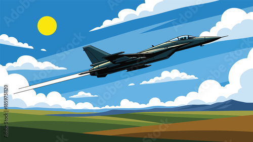 Modern vector illustration of military jet flying across sky, ideal for air defense, aviation technology, and national security concepts