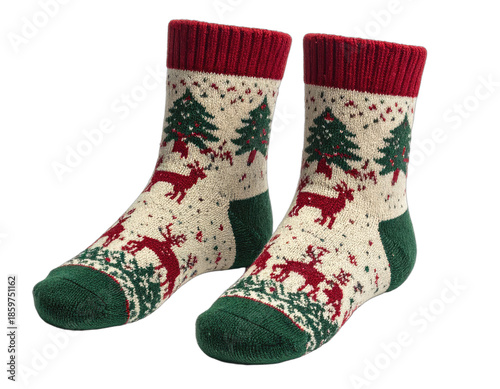 Pair of festive winter socks featuring reindeer, fir trees, and a red, green, & cream design