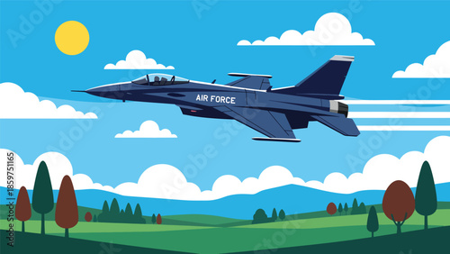 Modern vector illustration of military jet flying across sky, ideal for air defense, aviation technology, and national security concepts