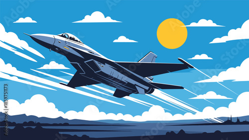 Modern vector illustration of military jet flying across sky, ideal for air defense, aviation technology, and national security concepts