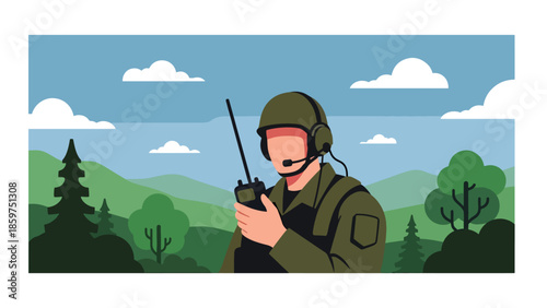 Modern vector illustration of soldier using radio communication equipment, ideal for military coordination, communication, and security concepts