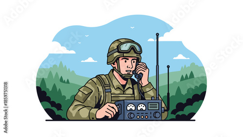 Modern vector illustration of soldier using radio communication equipment, ideal for military coordination, communication, and security concepts
