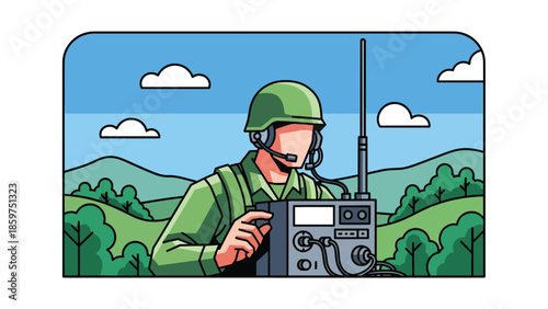 Modern vector illustration of soldier using radio communication equipment, ideal for military coordination, communication, and security concepts