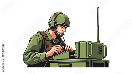 Modern vector illustration of soldier using radio communication equipment, ideal for military coordination, communication, and security concepts