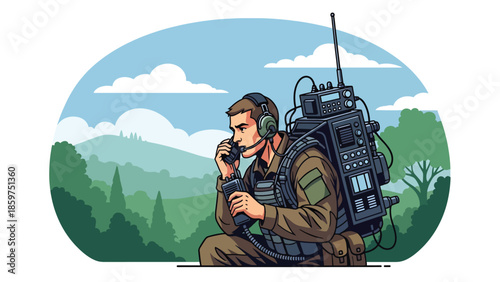 Modern vector illustration of soldier using radio communication equipment, ideal for military coordination, communication, and security concepts