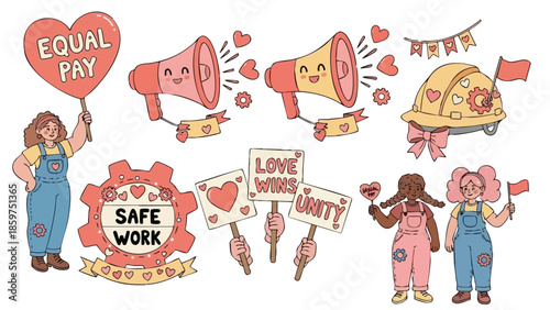 Equal pay and safe work protest illustration with diverse women holding signs and megaphones promoting labor rights and gender equality 