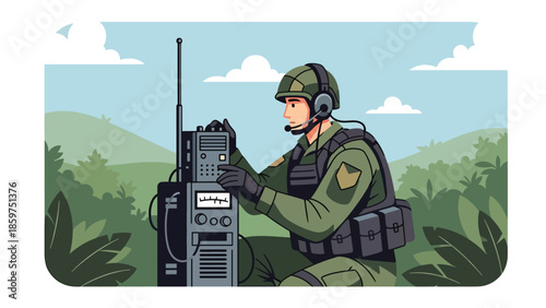 Modern vector illustration of soldier using radio communication equipment, ideal for military coordination, communication, and security concepts