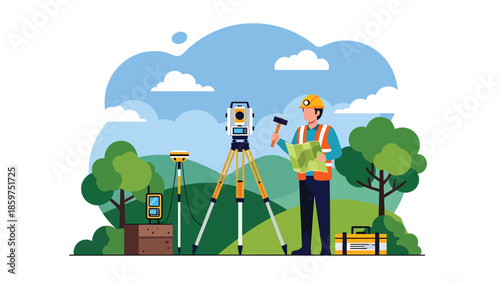 Modern vector illustration of mining exploration survey with geologist and mapping equipment, ideal for mineral exploration and industry presentations