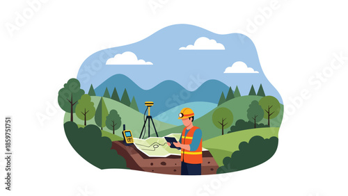 Modern vector illustration of mining exploration survey with geologist and mapping equipment, ideal for mineral exploration and industry presentations