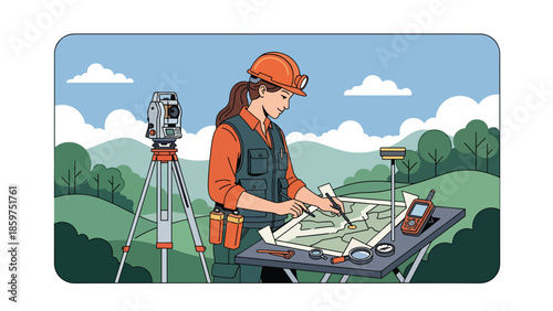 Modern vector illustration of mining exploration survey with geologist and mapping equipment, ideal for mineral exploration and industry presentations