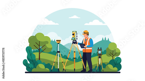Modern vector illustration of mining exploration survey with geologist and mapping equipment, ideal for mineral exploration and industry presentations