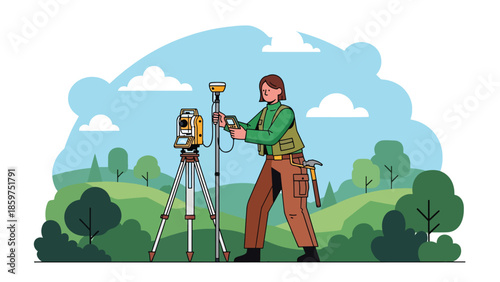 Modern vector illustration of mining exploration survey with geologist and mapping equipment, ideal for mineral exploration and industry presentations