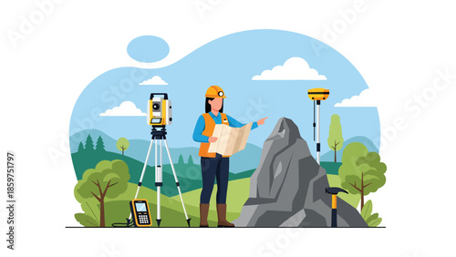 Modern vector illustration of mining exploration survey with geologist and mapping equipment, ideal for mineral exploration and industry presentations