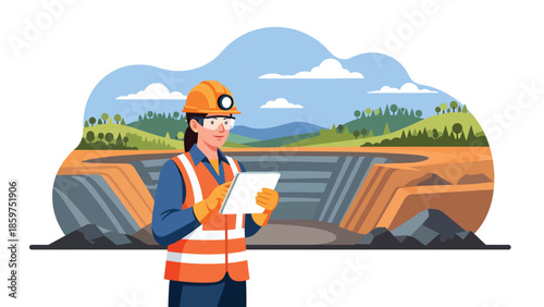 Modern vector illustration of mining worker using tablet and protective gear, ideal for smart mining, digital transformation, and industry innovation visuals
