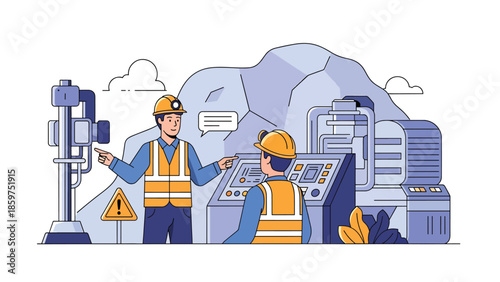 Modern vector illustration of mine safety training with supervisor and workers, ideal for workplace education, compliance, and industrial safety visuals