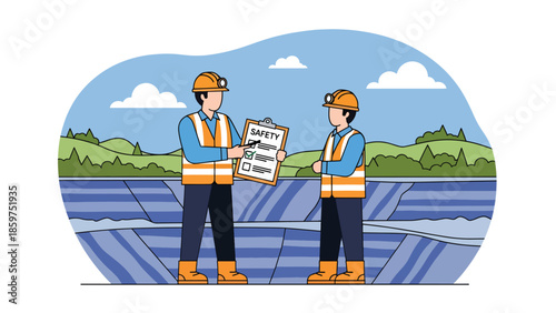 Modern vector illustration of mine safety training with supervisor and workers, ideal for workplace education, compliance, and industrial safety visuals