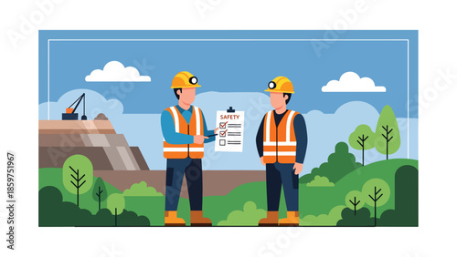 Modern vector illustration of mine safety training with supervisor and workers, ideal for workplace education, compliance, and industrial safety visuals