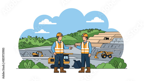 Modern vector illustration of mine safety training with supervisor and workers, ideal for workplace education, compliance, and industrial safety visuals