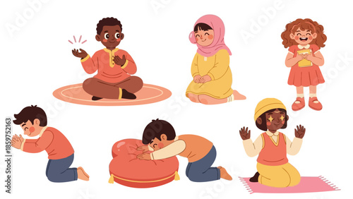 Diverse children praying in various postures showing faith and spirituality in colorful clothing vector illustration 