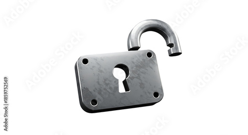 3D Stylized Open Padlock Security Icon, Transparent Background