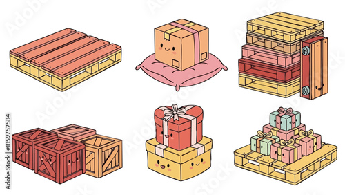 Wooden pallets with stacked cardboard boxes and wrapped gifts in soft pastel colours for shipping and storage vector illustration 