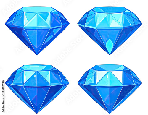 Four cartoon-style gems. Each is a vivid blue color with various light reflections