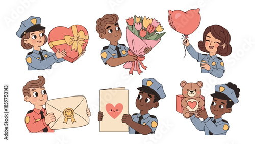 Police officers giving gifts and cards for Valentines Day celebration with hearts and flowers vector illustration 