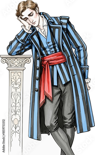 Elegant gentleman leaning on column wearing striped long coat and sash