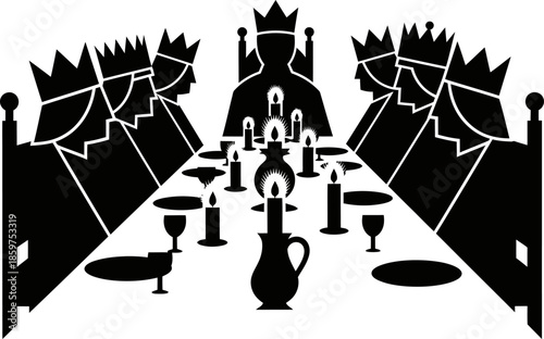 Royal banquet scene with crowned figures seated at long table