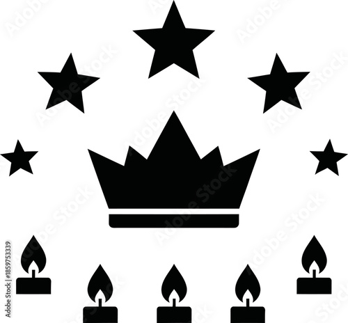 Royal crown surrounded by five pointed stars and five burning candles