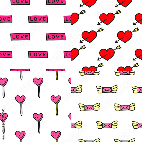 Set of cute seamless patterns for Valentines day with doodle pink heart shaped lollipops, cupid hearts, flying letters and text love.