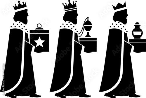 Three silhouette figures representing wise men bringing gifts