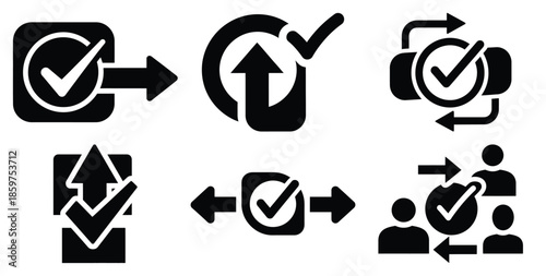 A black silhouette of a  approval workflow check icon set. Simple graphic element.
