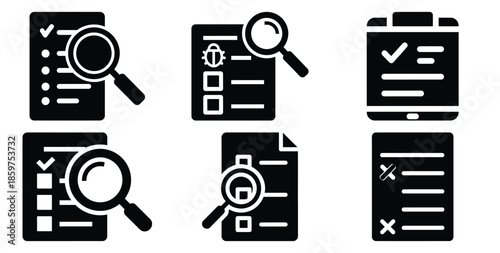 A black silhouette of a  bug tracking list icon set. Simple graphic element.