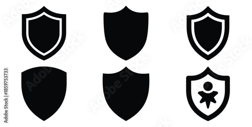A black silhouette of a  brand identity shield icon set. Simple graphic element.