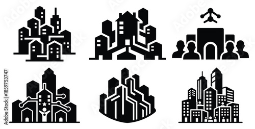 A black silhouette of a  business community hub icon set. Simple graphic element.