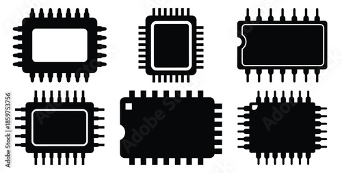 A black silhouette of a  cache memory chip icon set. Simple graphic element.