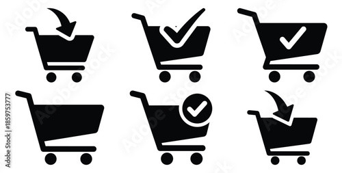 A black silhouette of a  checkout process cart icon set. Simple graphic element.