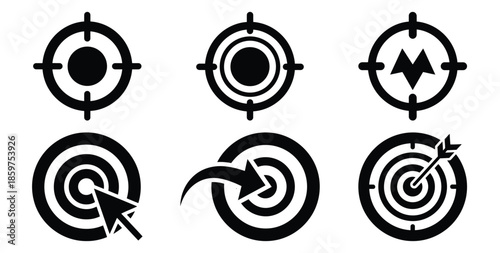 A black silhouette of a  conversion tracking target icon set. Simple graphic element.