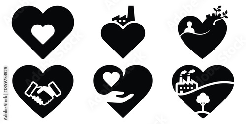 A black silhouette of a  corporate responsibility heart icon set. Simple graphic element.