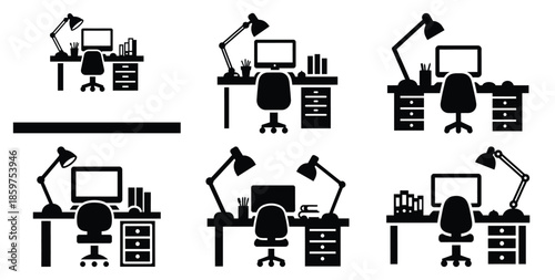 A black silhouette of a  creative workspace icon set. Simple graphic element.