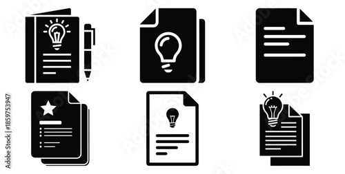 A black silhouette of a  creative brief document icon set. Simple graphic element.
