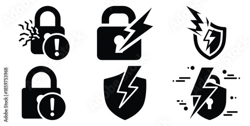 A black silhouette of a  cyber attack warning icon set. Simple graphic element.