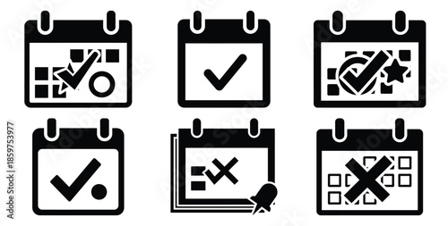 A black silhouette of a  deadline calendar mark icon set. Simple graphic element.