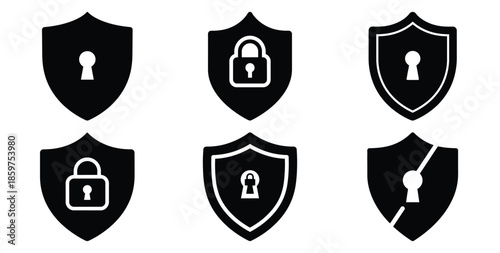 A black silhouette of a  data encryption shield icon set. Simple graphic element.